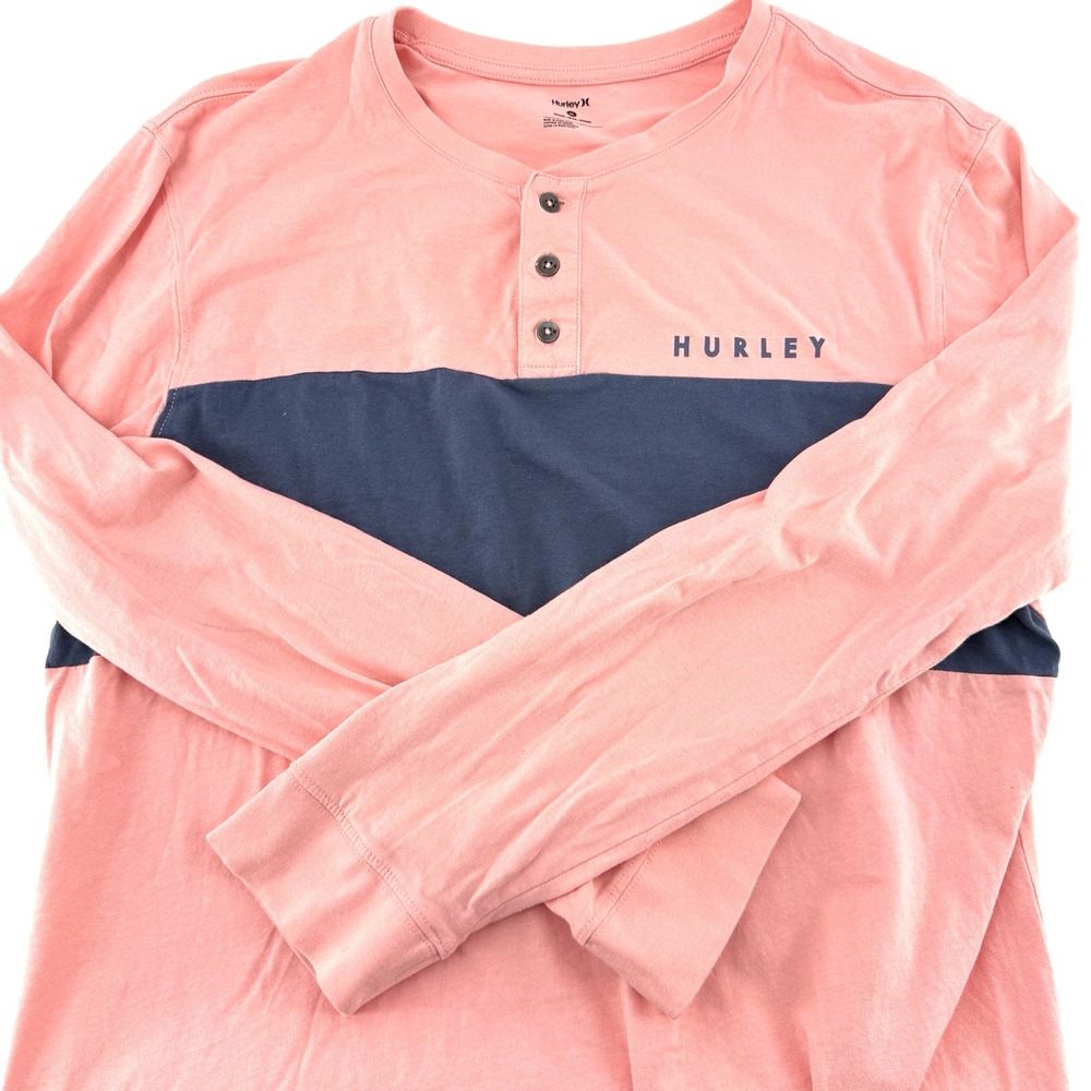 Hurley Mens M 100% Cotton Long Raglan Sleeve Henley Neck Shirt Multi Logo Casual